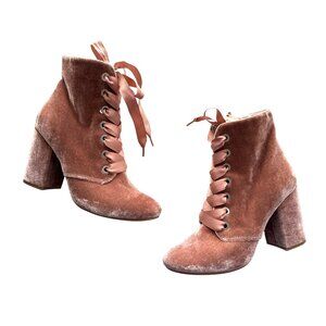 Kenneth Cole Reaction Pink Velvet Ankle Boots Ribbon Lace-Up Corrine Size 7.5